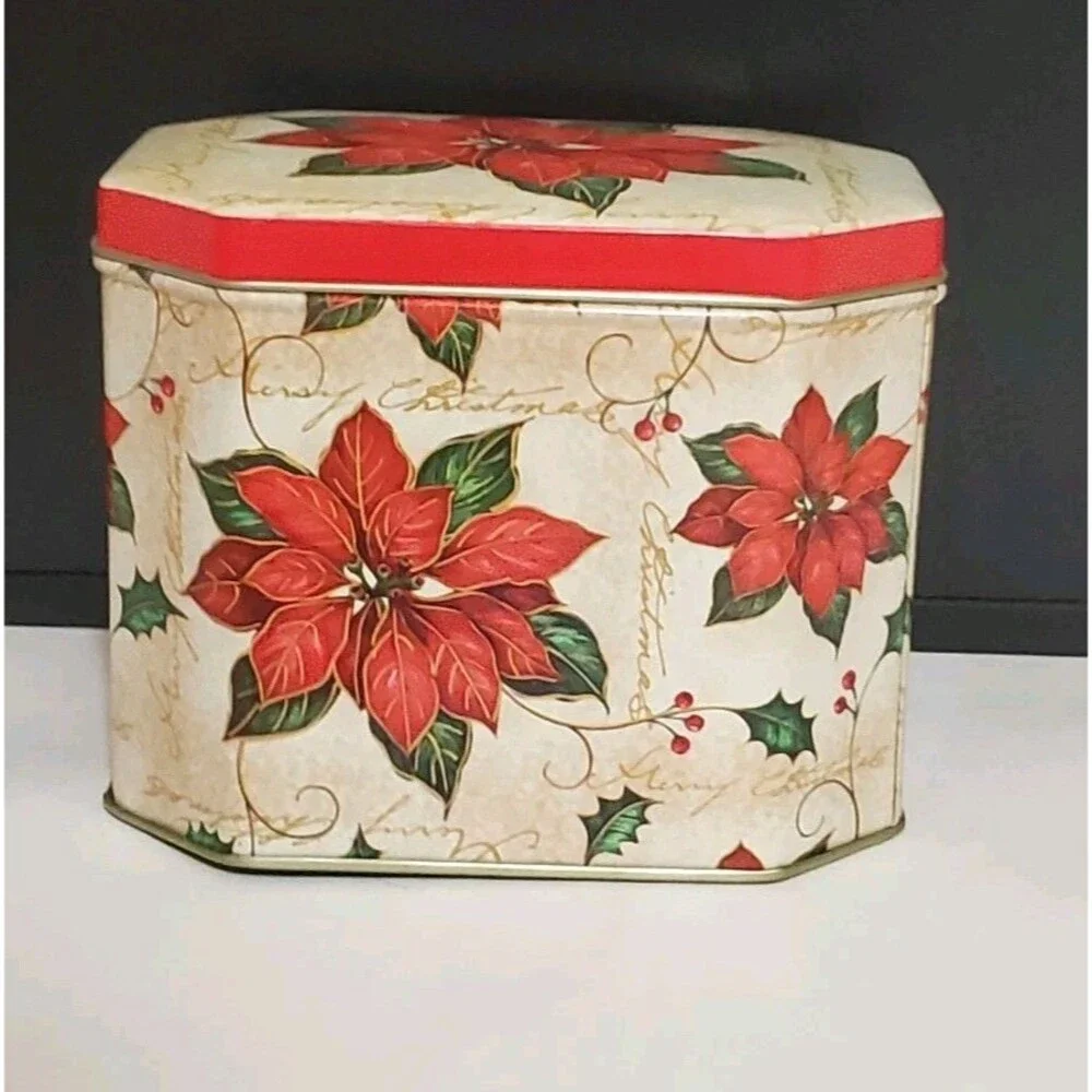 Octagon Christmas Tin Poinsettia Gift Small Metal Storage Box Clean Gold Inside